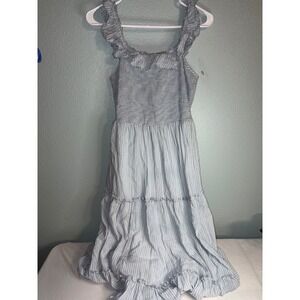 Old Navy Blue White Striped Smocked Tiered Ruffle Midi Dress Small Cottagecore